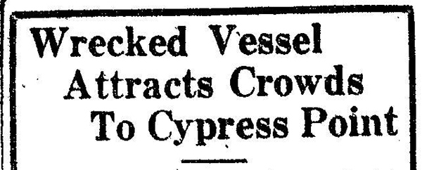 Newspaper headline from Monterey Peninsula Herald 5SEP1934 p5 col5 of shipwreck J.B. Stetson