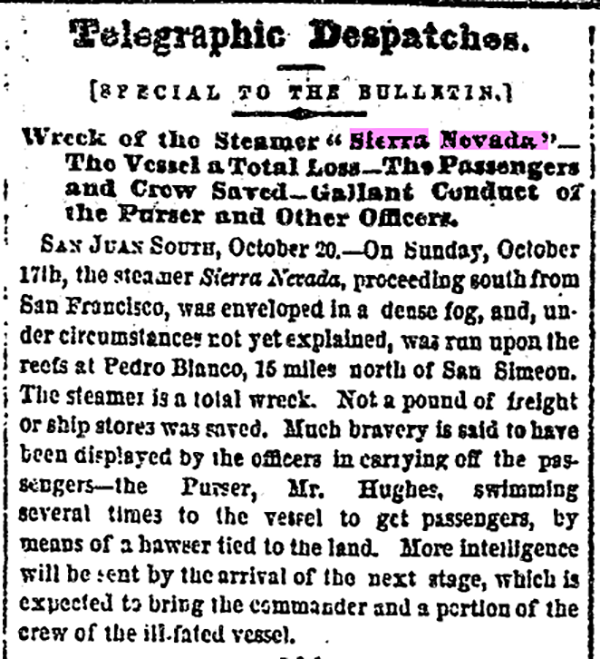 Newspaper clipping from Daily Evening Bulletin San Francisco 20OCT1869 of Sierra Nevada shipwreck