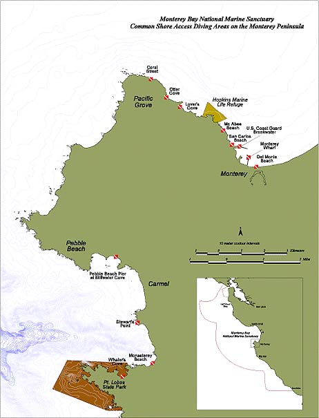map of diving areas in Monterey Peninsula
