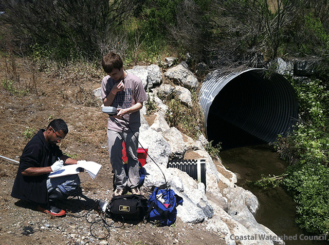 Image of Volunteers digitally record water temperature, pH, and dissolved oxygen at Carneros Creek in Watsonville, California by Coastal Watershed Council