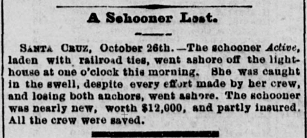 Newspaper clipping from Daily Alta California 28OCT1876 p1 col7 shipwreck Active