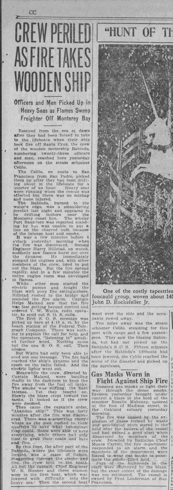 Newspaper clipping from San Francisco Examiner 4MAR1923 p3 col2 shipwreck Babinda