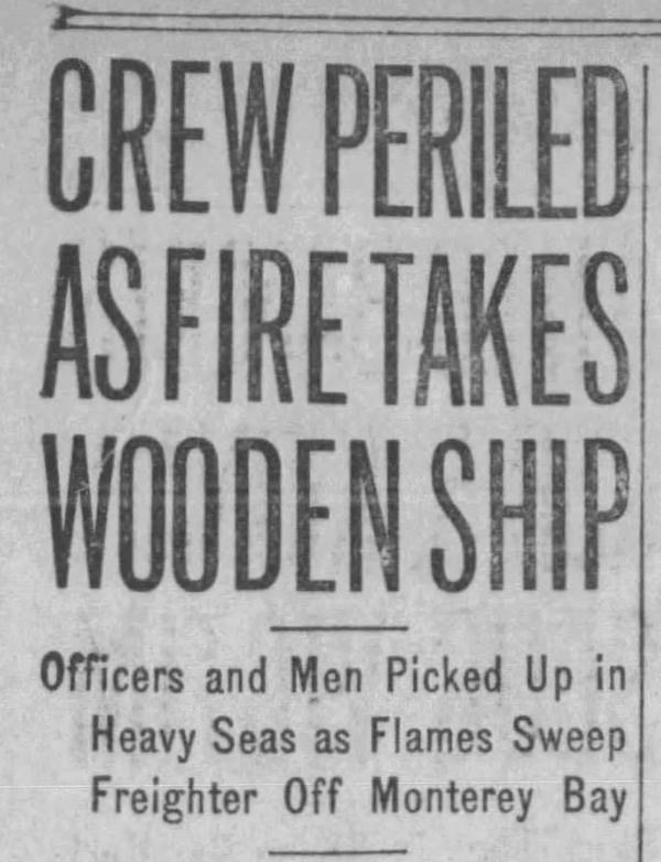 Newspaper headline from San Francisco Examiner 4MAR1923 p3 col1 of shipwreck Babinda