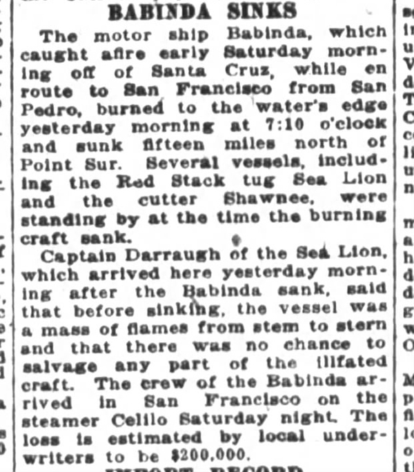 Newspaper clipping from San Francisco Chronicle 5MAR1923 p15 col2 shipwreck Babinda