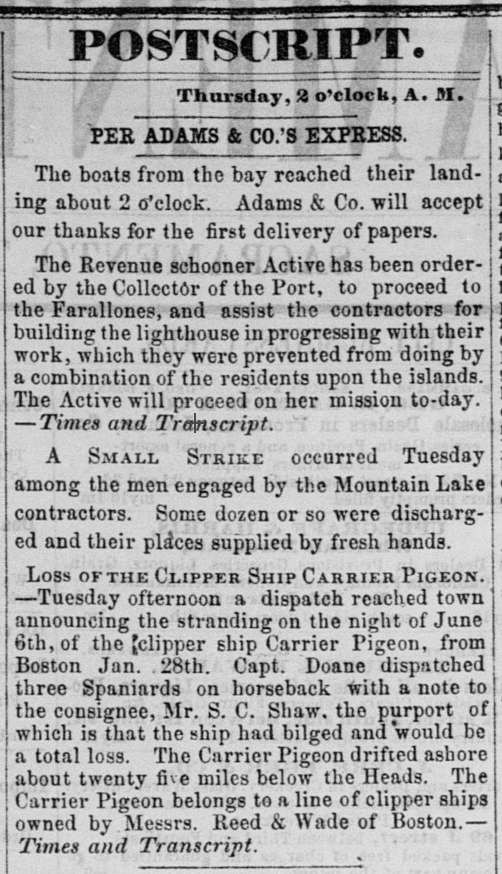 Newspaper clipping from Sacramento Daily Union 9JUN1853 p2 col5 of shipwreck Carrier Pigeon