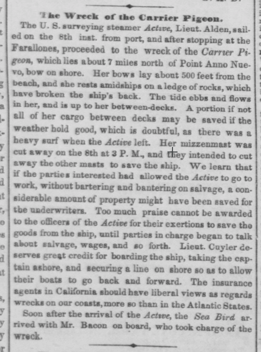Newspaper clipping from Daily Alta California 10JUN1853 p2 col 2 of shipwreck Carrier Pigeon