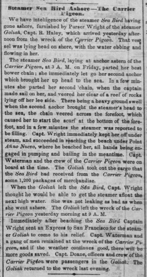 Newspaper clipping from Daily Alta California 13JUN1853 p2 col5 of shipwreck Carrier Pigeon