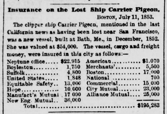 Newspaper clipping from New York Herald 12JUL1853 p8 col3 of shipwreck Carrier Pigeon