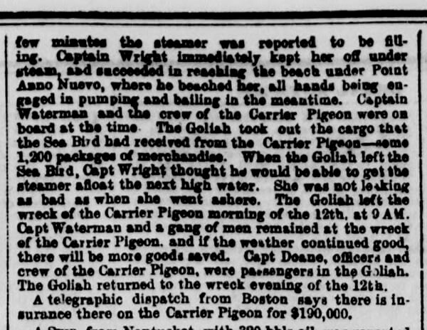 Newspaper clipping from New York Herald 12JUL1853 p8 col5 of shipwreck Carrier Pigeon