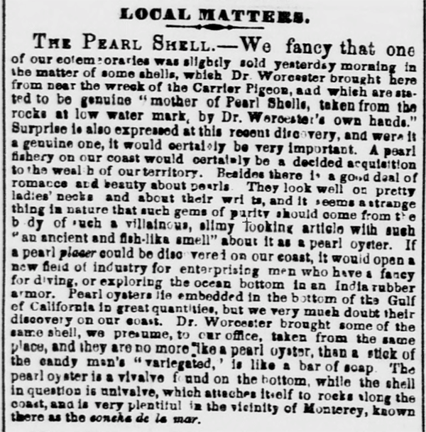 Newspaper clipping from Daily Alta California 30SEP1853 p2 col2 of shipwreck Carrier Pigeon