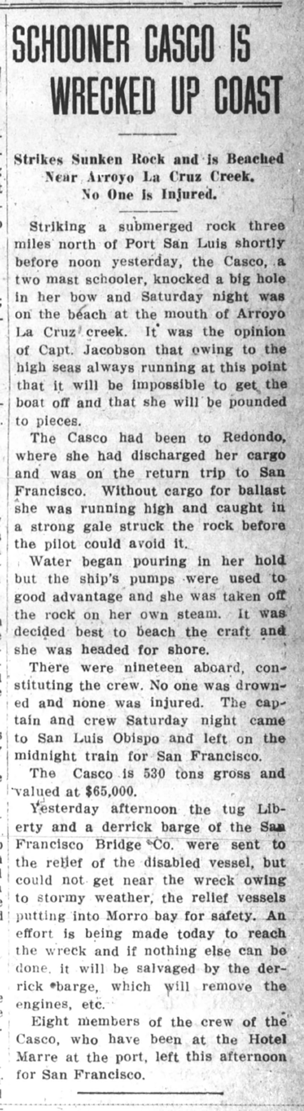 Newspaper clipping from Daily Telegram 30JUN1913 p1 col6 shipwreck Casco
