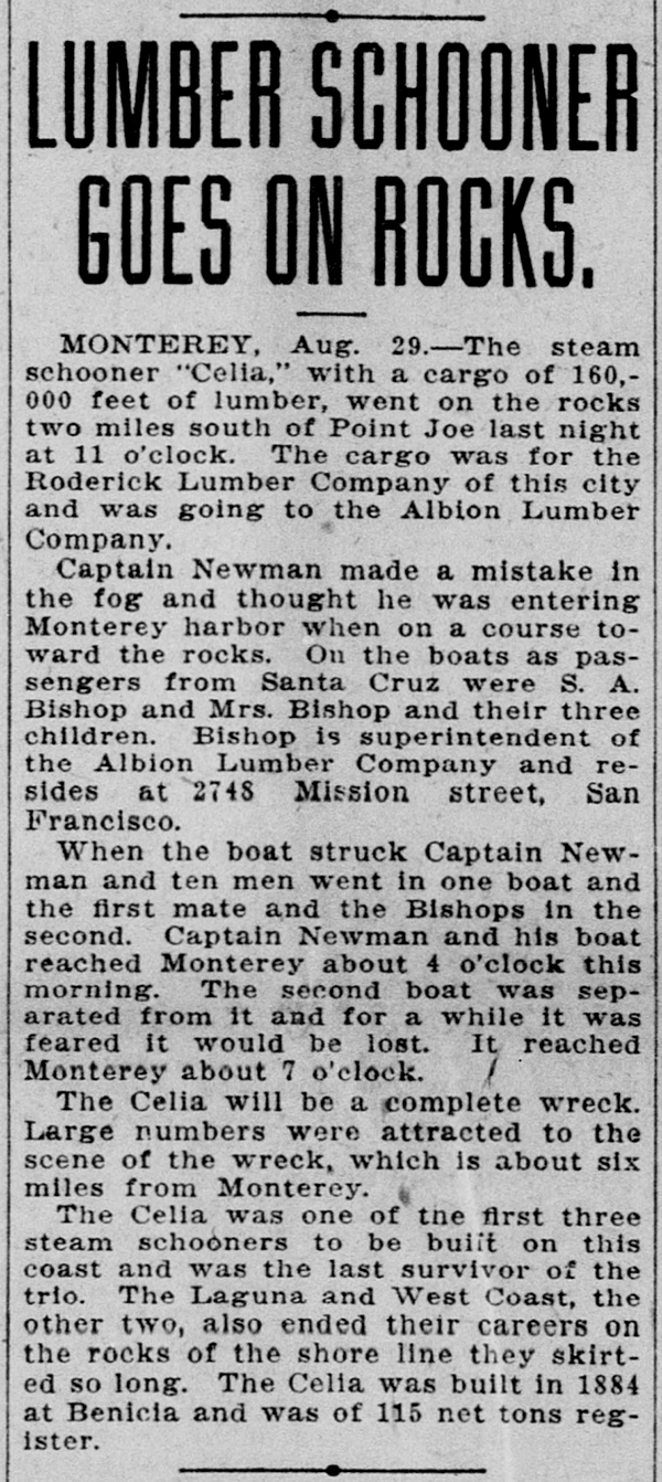 Newspaper clipping from San Francisco Call 30AUG1906 p5 col4 shipwreck Celia