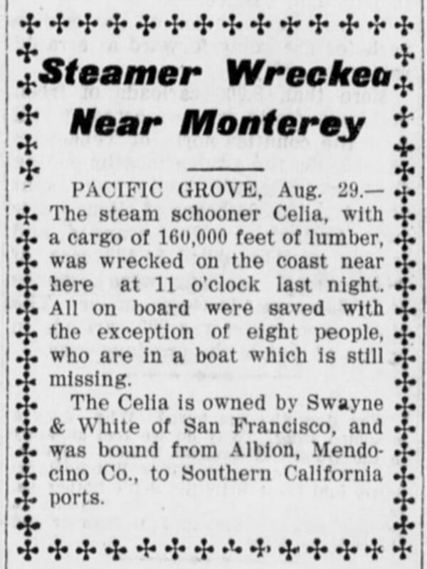 Newspaper clipping from Santa Cruz Sentinel 30AUG1906 p1 col3 shipwreck Celia