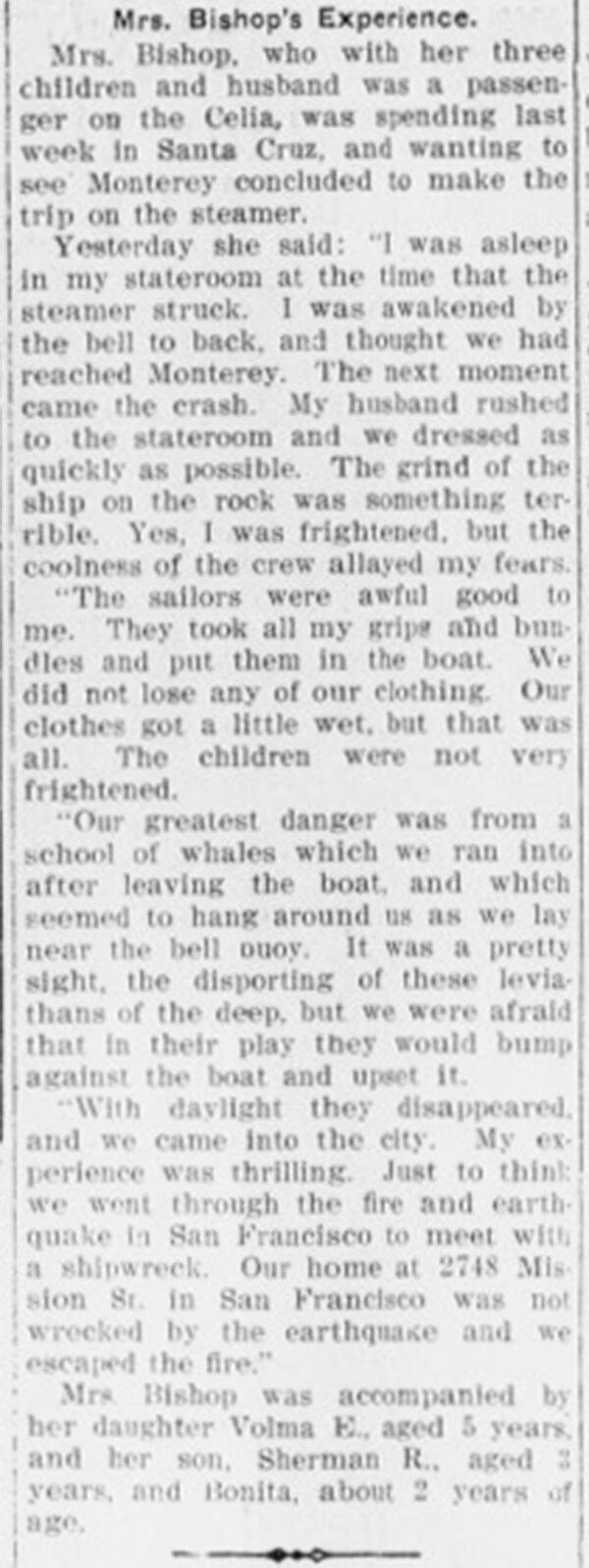 Newspaper clipping from Santa Cruz Sentinel 31AUG1906 p2 col3 shipwreck Celia