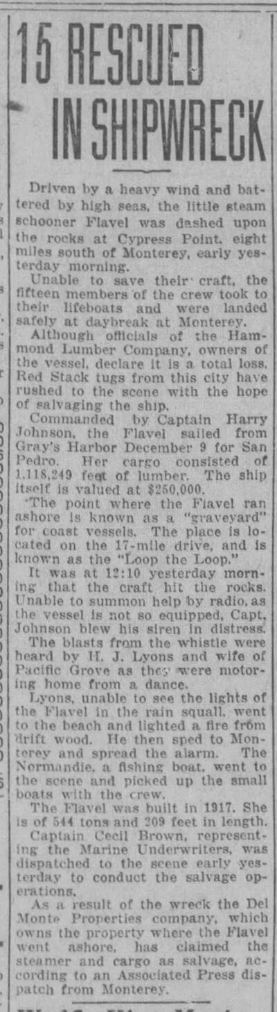 Newspaper clipping from San Francisco Examiner 15DEC1923 p5 col6 shipwreck Flavel