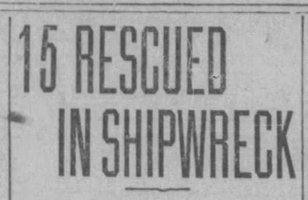 Newspaper headline from San Francisco Examiner 15DEC1923 p5 col6 of shipwreck Flavel