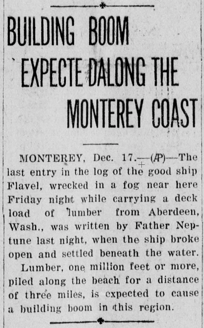 Newspaper clipping from Santa Cruz Evening News 17DEC1923 p1 col4 shipwreck Flavel