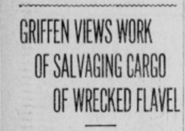 Newspaper headline from Santa Cruz Evening News 17DEC1923 p6 col1 of shipwreck Flavel