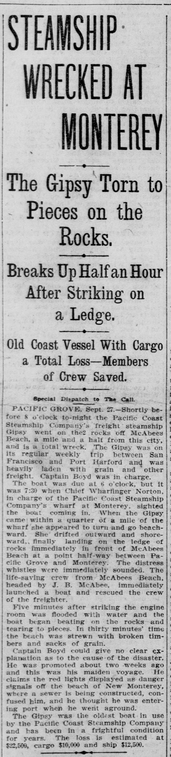 Newspaper clipping from San Francisco Call 28SEP1905 of shipwreck Gipsy 