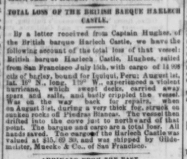 Newspaper clipping from Daily Alta California 7Sep1869 of shipwreck Harlech Castle