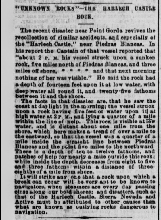 Newspaper clipping from Daily Alta California 14Jun1870 of shipwreck Harlech Castle