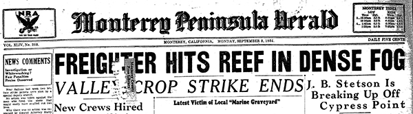Newspaper headline from Monterey Peninsula Herald 3SEP1934 p1 col7/8 and p5 col6 of shipwreck J.B. Stetson