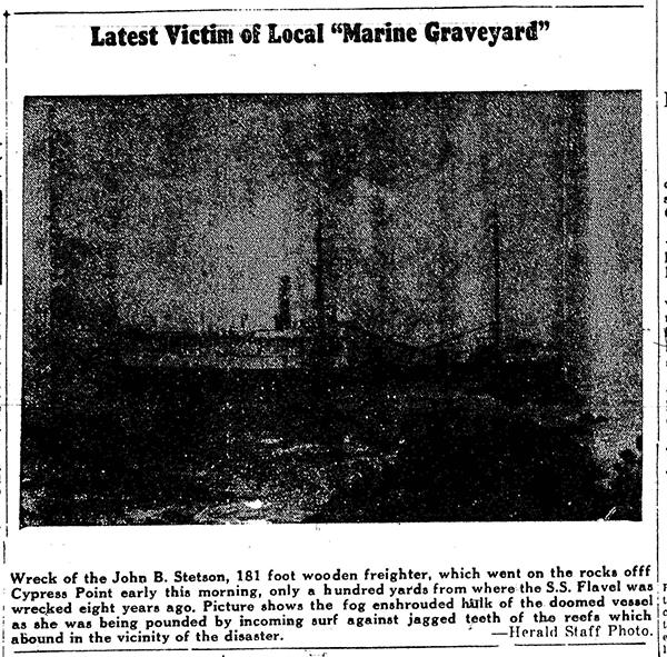 Newspaper clipping from Monterey Peninsula Herald 3SEP1934 p1 col7/8 and p5 col6 of shipwreck J.B. Stetson