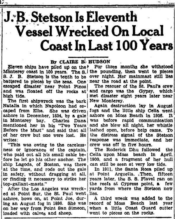 Newspaper clipping from Monterey Peninsula Herald 4SEP1934 p5 col 6-7 of shipwreck J.B. Stetson