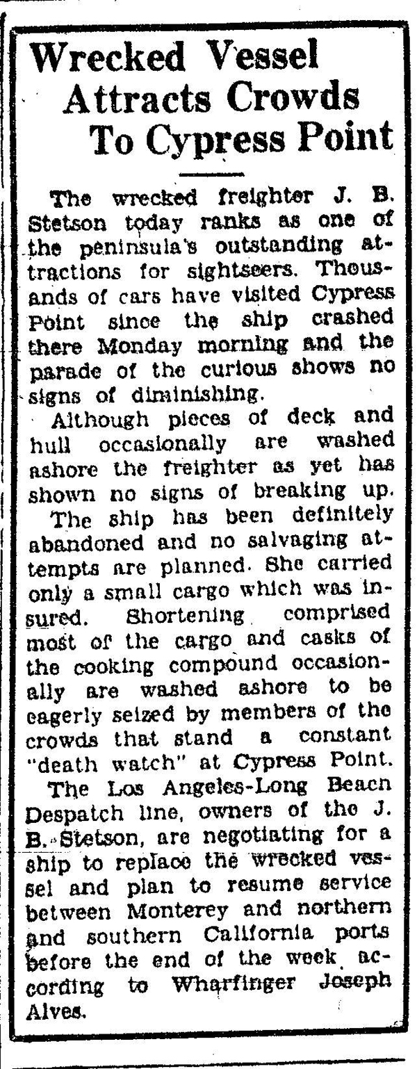 Newspaper clipping from Monterey Peninsula Herald 5SEP1934 p5 col5 of shipwreck J.B. Stetson