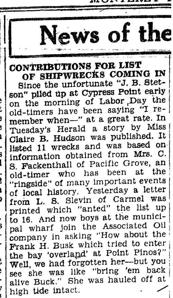 Newspaper clipping from Monterey Peninsula Herald 7SEP1934 p2 col3 of shipwreck J.B. Stetson