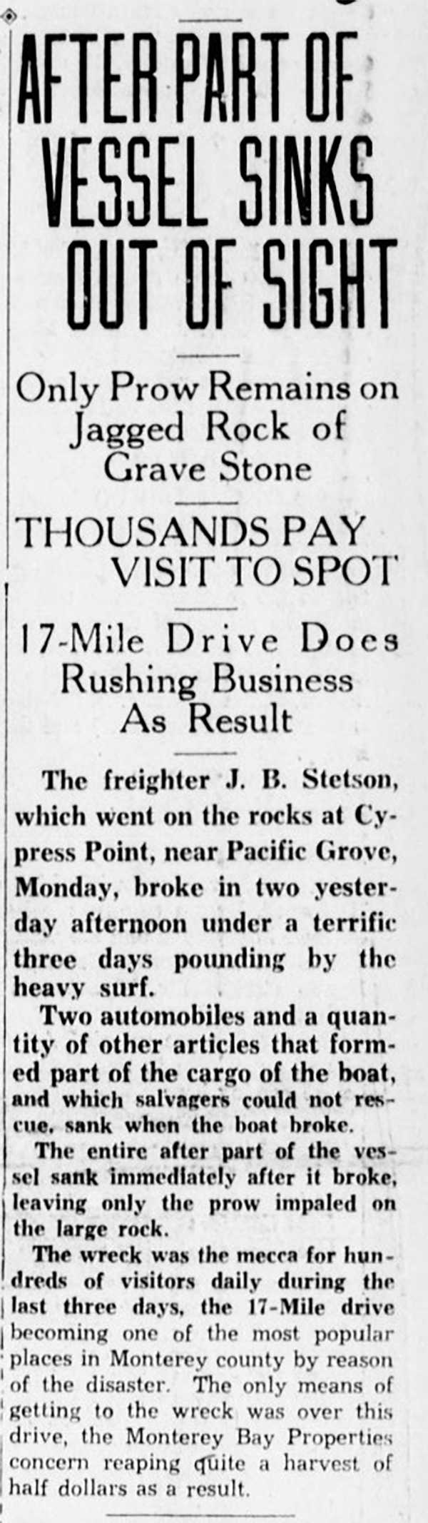 Newspaper clipping from Santa Cruz Sentinel 7SEP1934 p1 col 5-8 of shipwreck J.B. Stetson