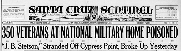 Newspaper headline from Santa Cruz Sentinel 7SEP1934 p1 col 5-8 of shipwreck J.B. Stetson