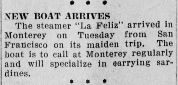 Newspaper headline from Santa Cruz Evening News 16AUG1923 p6 col4 of shipwreck La Feliz