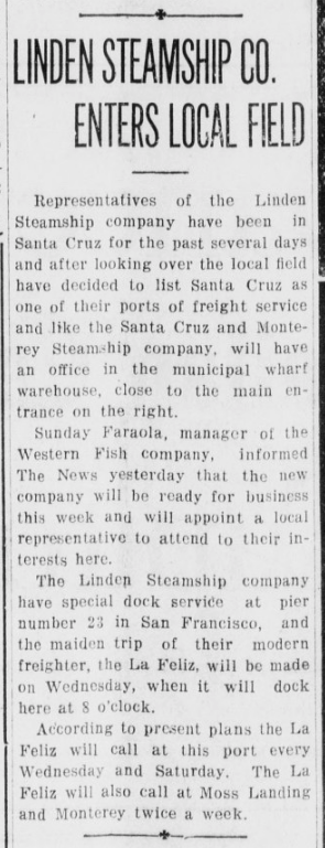 Newspaper clipping from Santa Cruz Evening News 14JUL1924 of shipwreck La Feliz
