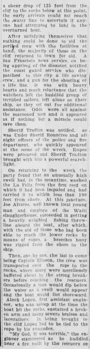 Newspaper clipping from Santa Cruz Evening News 02OCT1924 p1 col3 shipwreck La Feliz