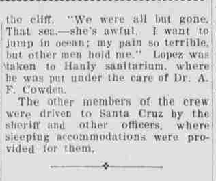 Newspaper clipping from Santa Cruz Evening News 02OCT1924 p1 col3 shipwreck La Feliz