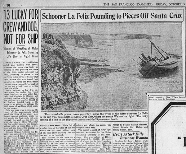 Newspaper clipping from San Francisco Examiner 3OCT1924 p16 cols2-5 of shipwreck La Feliz