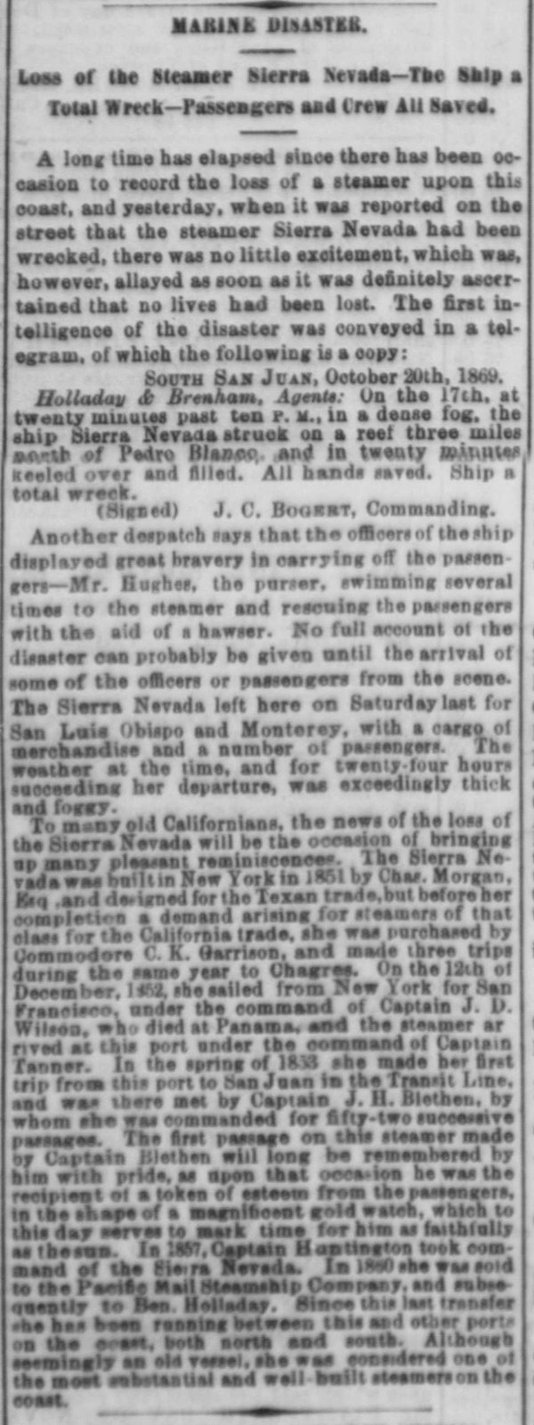 Newspaper clipping from Daily Alta California San Francisco 21OCT1869 of Sierra Nevada shipwreck