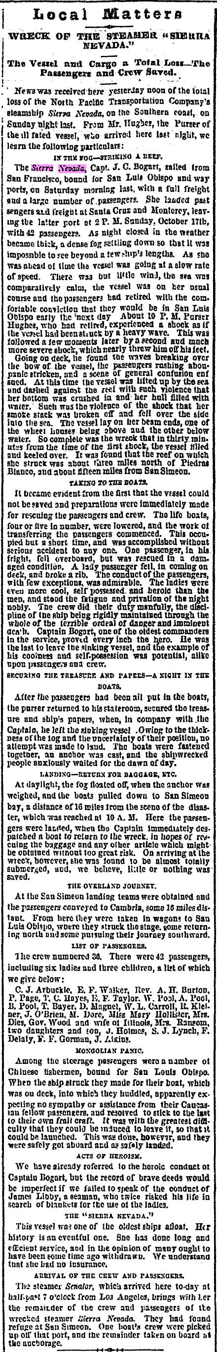 Newspaper clipping from Daily Evening Bulletin San Francisco 21OCT1869 of Sierra Nevada shipwreck