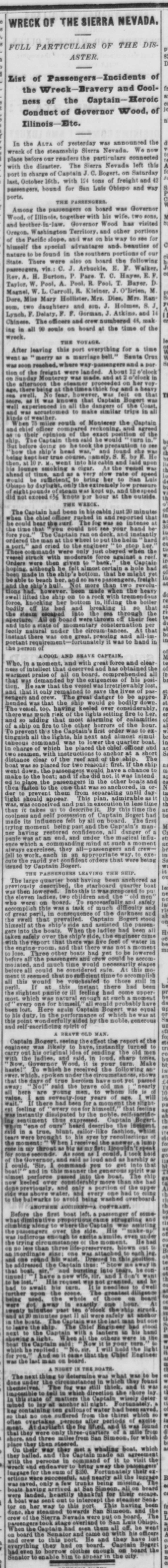 Newspaper clipping from Daily Alta California San Francisco 22OCT1869 of Sierra Nevada shipwreck