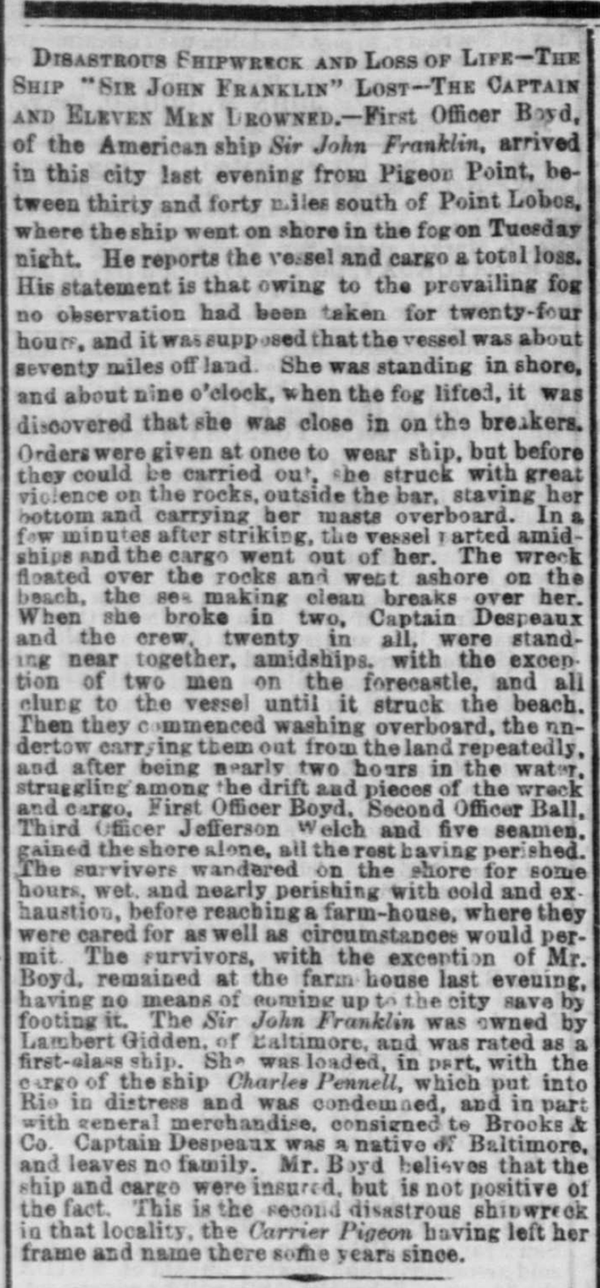 Newspaper clipping from Daily Alta California 19JAN1865 p1 col2 of shipwreck Sir John Franklin