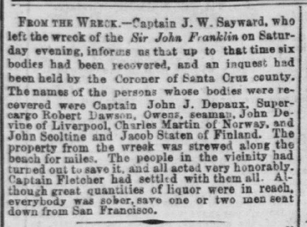 Newspaper clipping from Daily Alta California 23JAN1865 p1 col2 of shipwreck Sir John Franklin