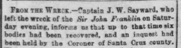 Newspaper headline from Daily Alta California 23JAN1865 p1 col2 of shipwreck Sir John Franklin