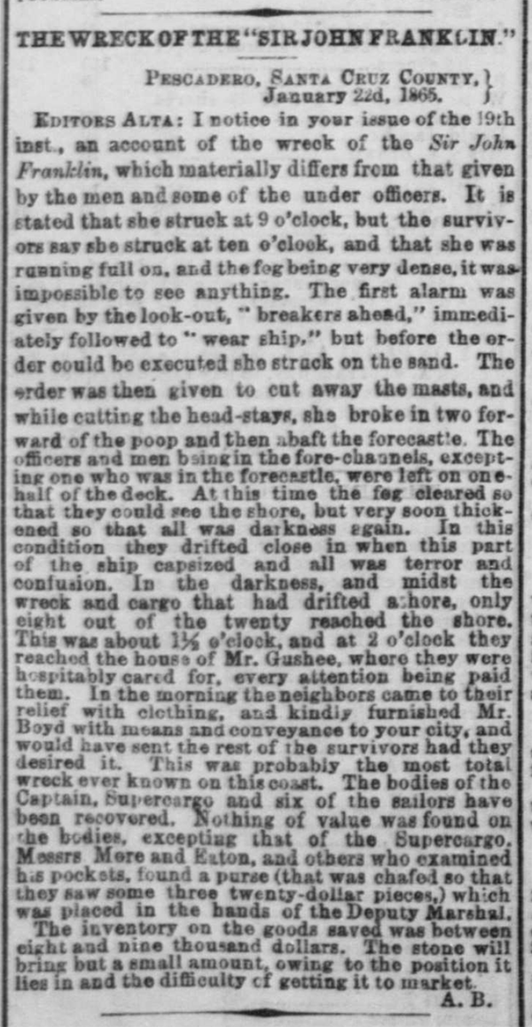Newspaper clipping from Daily Alta California 24JAN1865 p1 col2 of shipwreck Sir John Franklin