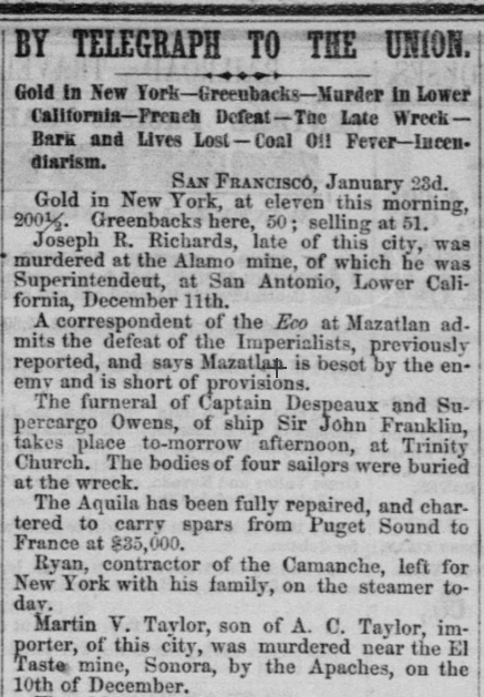 Newspaper clipping from Sacramento Daily Union 24JAN1865 p3 col3 of shipwreck Sir John Franklin