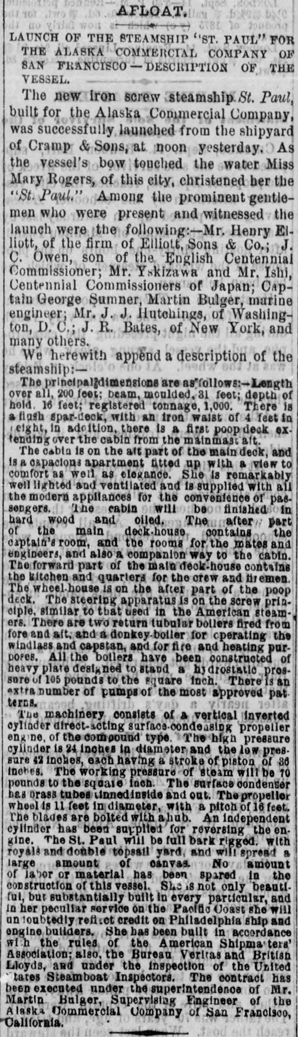 Newspaper clipping from The Philadelphia Inquirer 15SEP1875 p2 col4 of shipwreck St Paul