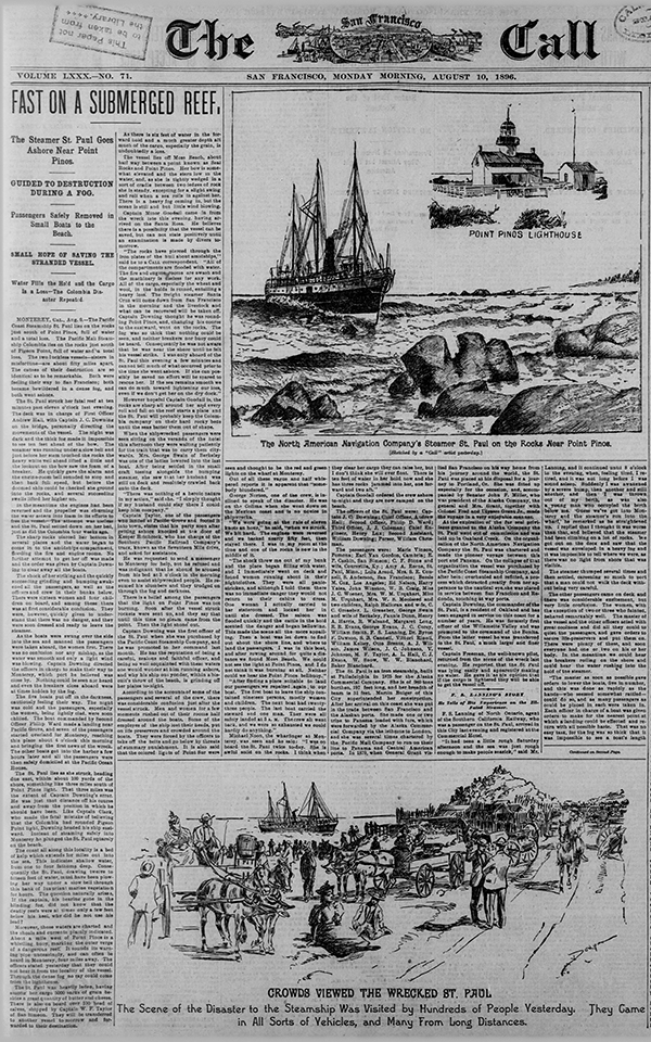 Newspaper clipping from San Francisco Call 10AUG1896 p1 col1 shipwreck St. Paul
