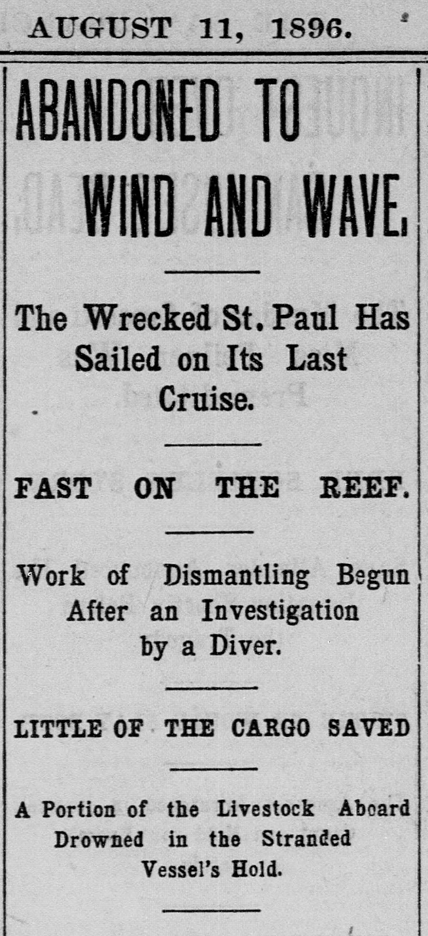 Newspaper heading from The San Francisco Call 11AUG1896 p3 col5 of shipwreck St Paul