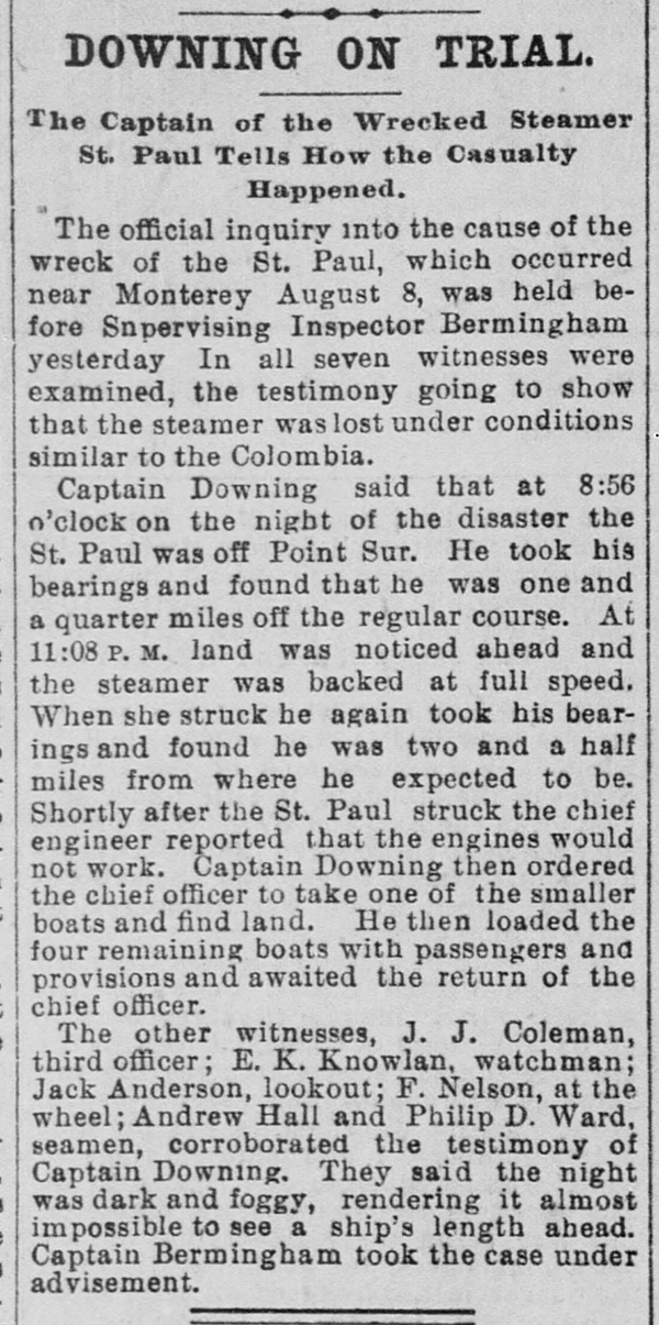 Newspaper clipping from The San Francisco Call 15AUG1896 p9 col2 of shipwreck St Paul