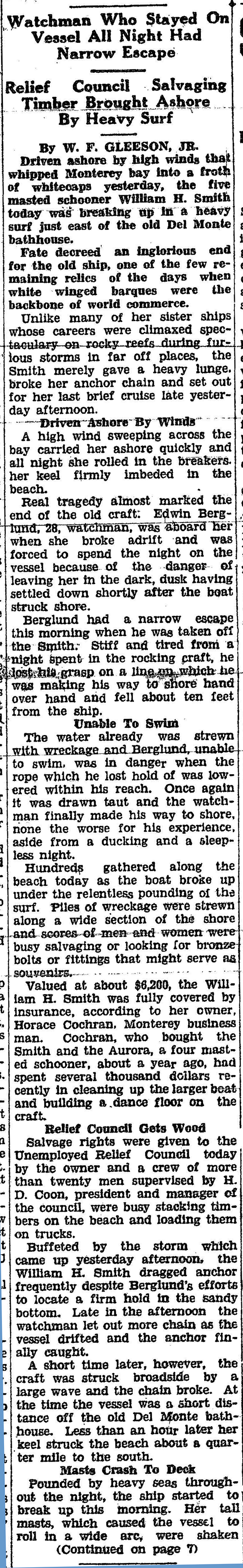 Newspaper clipping p1 from Monterey Peninsula Herald 24FEB1933 of shipwreck William H. Smith 